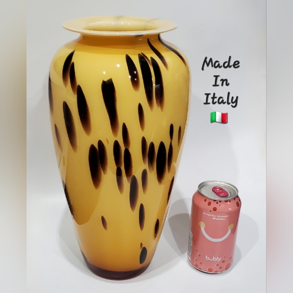 13 1/8" Vntg Italian Blown Glass Vase Yellow Amber Brown Black Tortoise Abstract - Picture 3 of 11